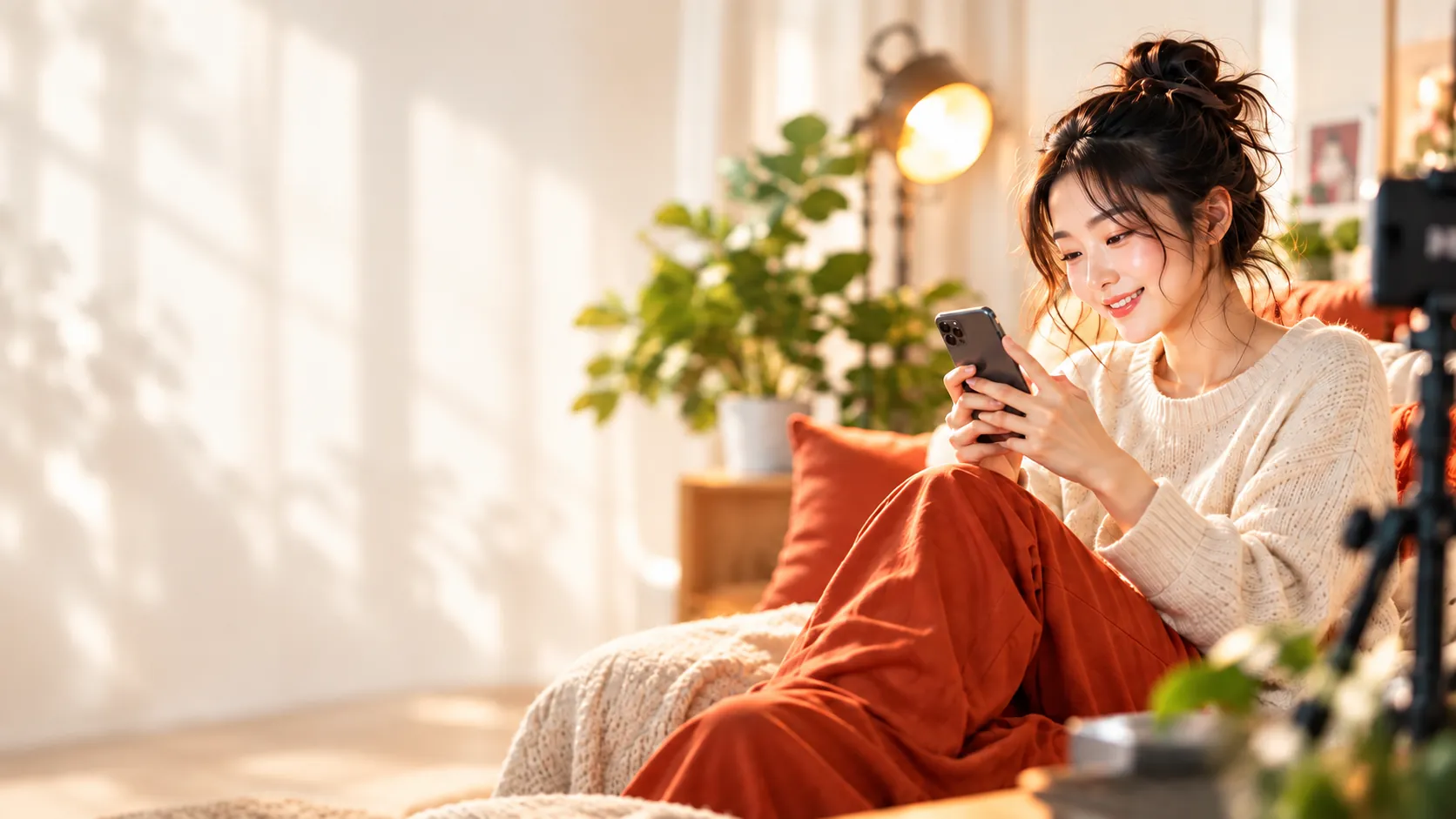 Creator mỉm cười khi dùng điện thoại trong không gian làm việc ấm áp